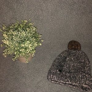 Grey Beanie with Brown Puff Ball